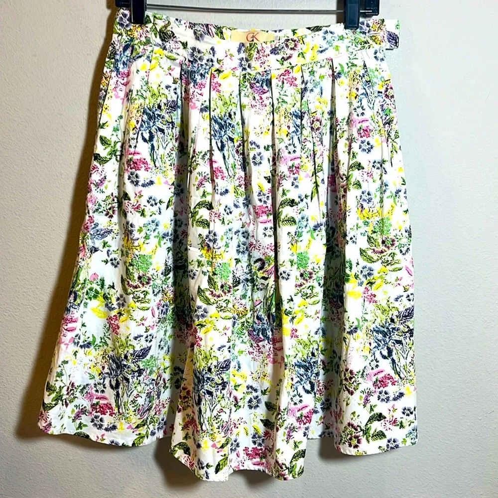 Grace Karin Floral Pleated Midi Knee Length Skirt Small